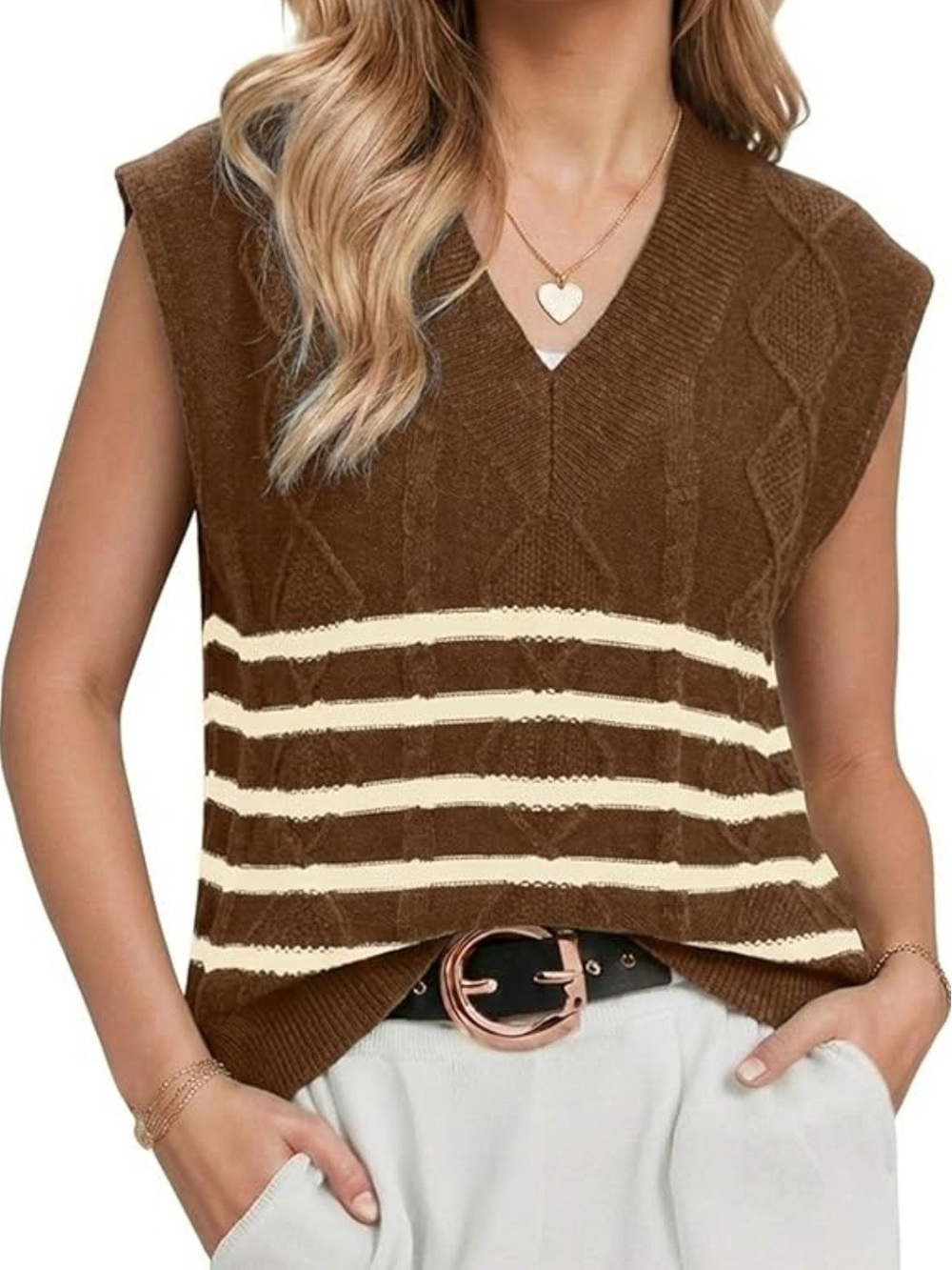 Brown V-Neck Cable Knit Sleeveless Sweater Vest with Cream Stripes